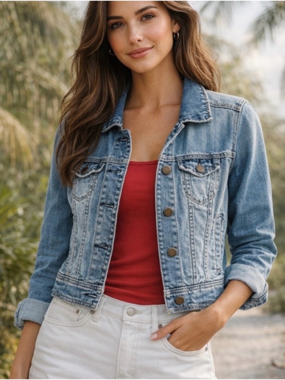 American Eagle Outfitters Fitted Mid-Wash Denim Jacket Women’s Size Small